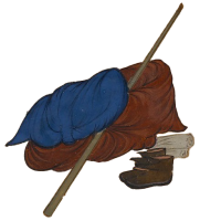 Clothes shoes and a stick
