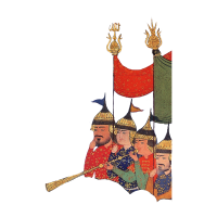 men with flag and trumpet