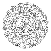 Goddess Mounted on a Panther , with Animal Protomes and  Warriors